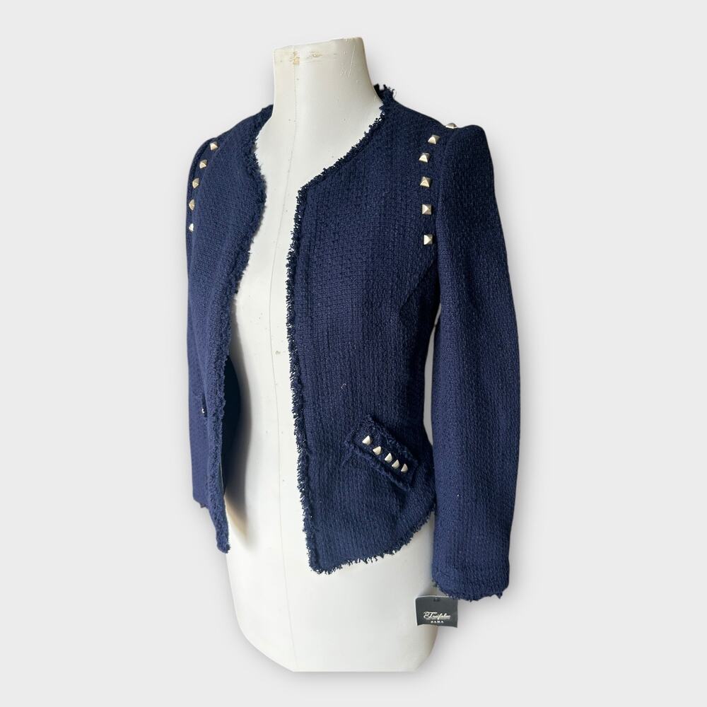 Zara Navy Tweed Frayed-Edge Blazer with Stud Accents